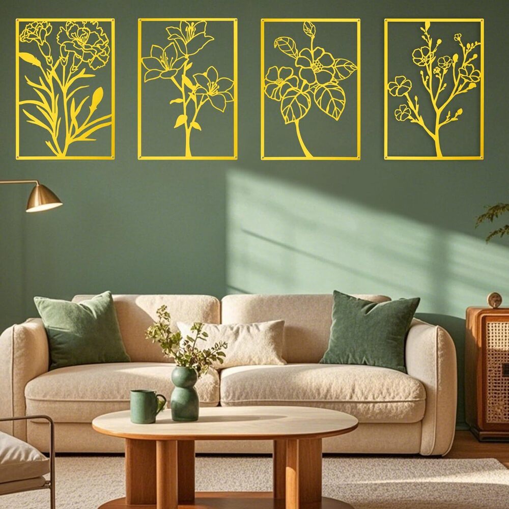 2739 4 Pcs Large Gold Metal Flower Wall Art Abstract Line Art Wall Decor